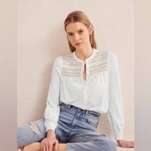 BODEN Smocked Yoke Embroidered Shirt Long sleeves Button front Sz S